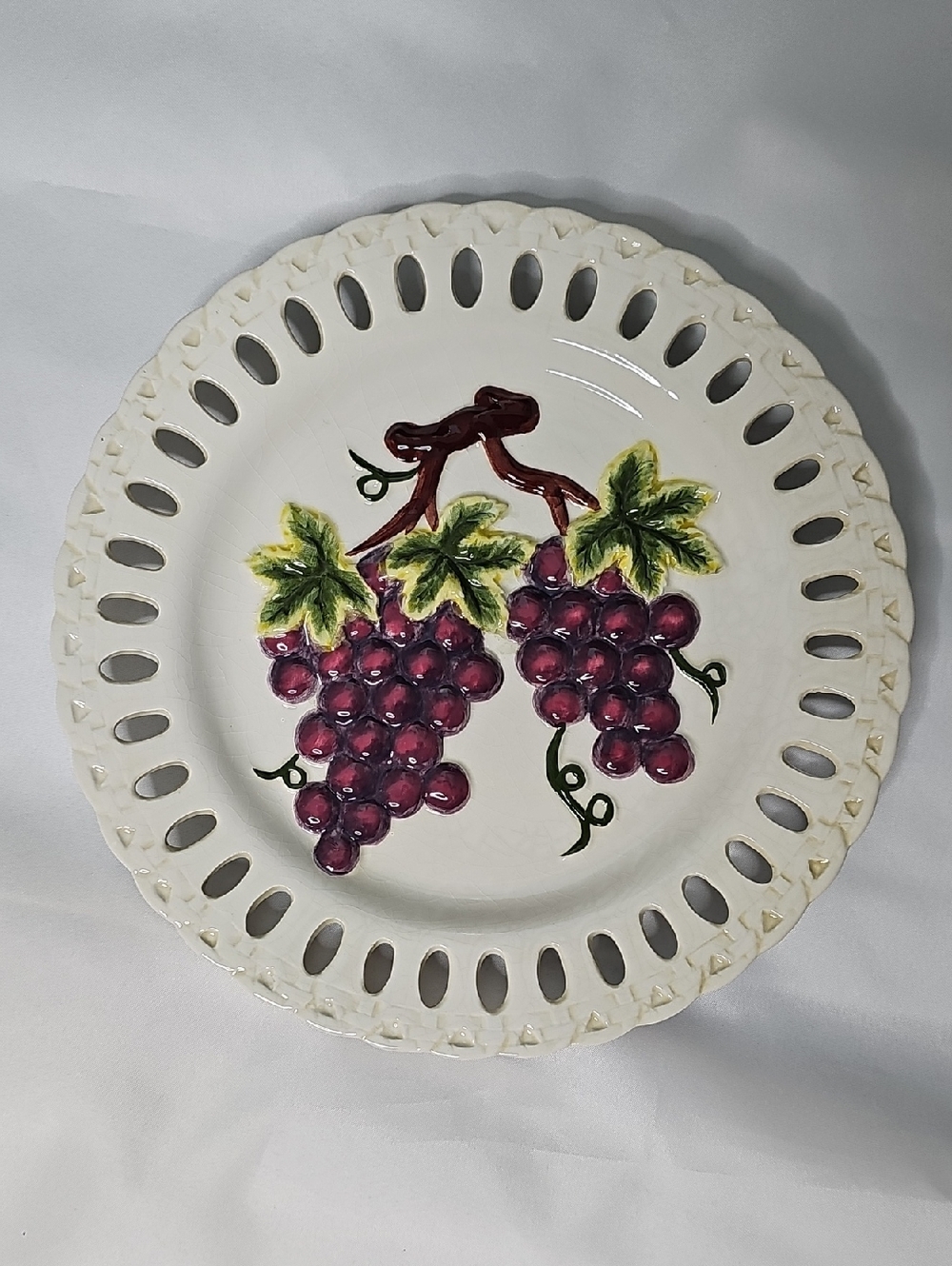 Vintage Hand-Painted White Ceramic Plate with Purple Grape Motif
